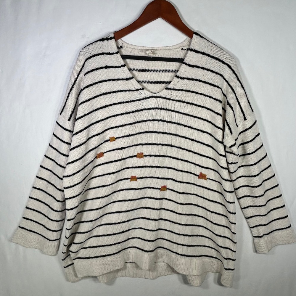 Eileen Fisher Organic Cotton Striped V-Neck Sweater Ivory Black Large 945